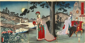 L’empereur appréciant la soirée fraîche Toyohara Chikanobu japonais Peinture à l'huile